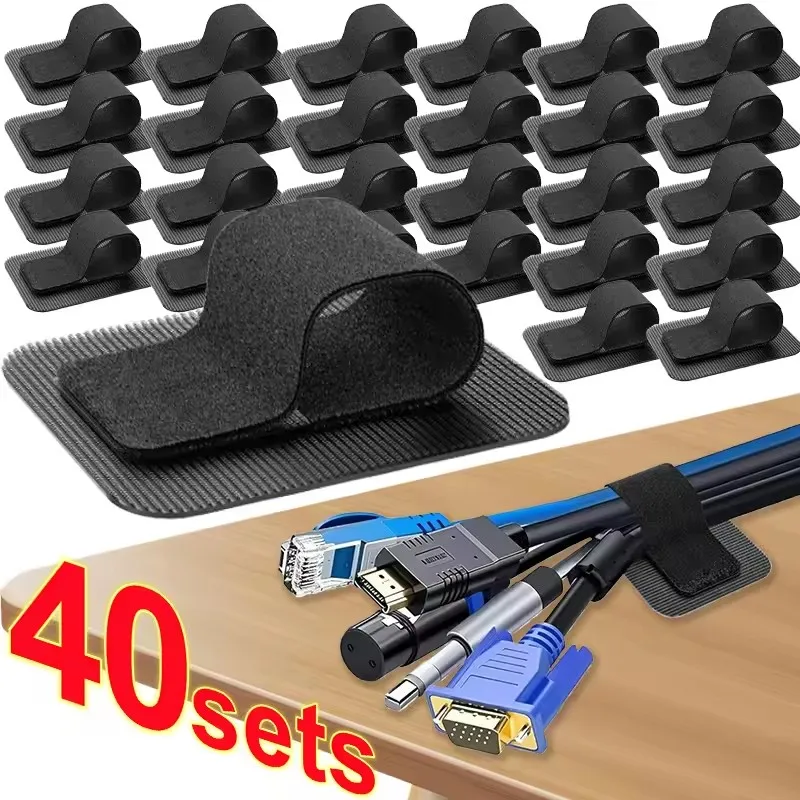 Cable Organizer - ชุดจัดระเบียบสายเคเบิลใต้โต๊ะ 4-40 ชุด ที่ยึดสายไฟแบบปรับได้ พร้อมตะขอและแถบกาว สายรัดเคเบิล