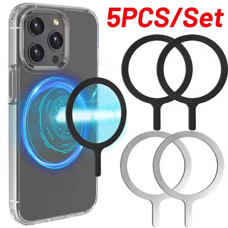 Wireless Charger - 5-1 ชิ้นสติกเกอร์แหวนสำหรับแม็กเซฟไร้สายชาร์จสำหรับไอโฟน 15 16 17 โปรแม็กซ์โทรศัพท์มือถือแม่เหล็กไร้สายชาร์จแผ่นโลหะ